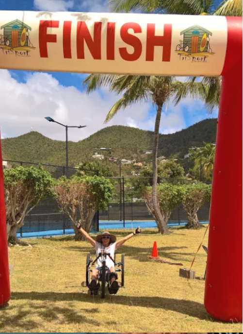 Fastest aggregate time for 12 Marathons on 12 different Caribbean Islands via Handcycle (female).Elizabeth Sanden.